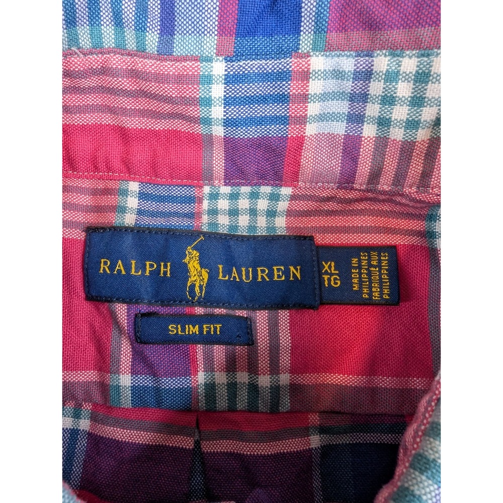 Polo Ralph Lauren Oxford Shirt Mens XL Pink Blue Plaid Slim Fit Flesh Pony Top - Picture 6 of 7